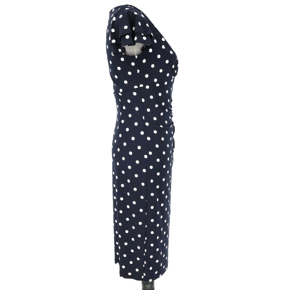 LRL Ralph Lauren Dress Womens 4 Navy Blue White Polka Dot Stretch Knit Faux Wrap - Picture 5 of 15